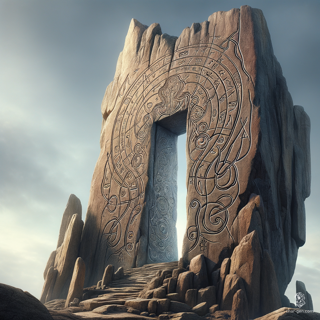 A towering, ancient rock rises majestically, its surface etched with glowing arcane symbols that form an imposing doorway. Surrounding it, lush emerald vines entwine the craggy edges, while ethereal mist swirls at its base, whispering secrets of forgotten realms. This mystical gateway invites intrepid souls to discover the wonders beyond.