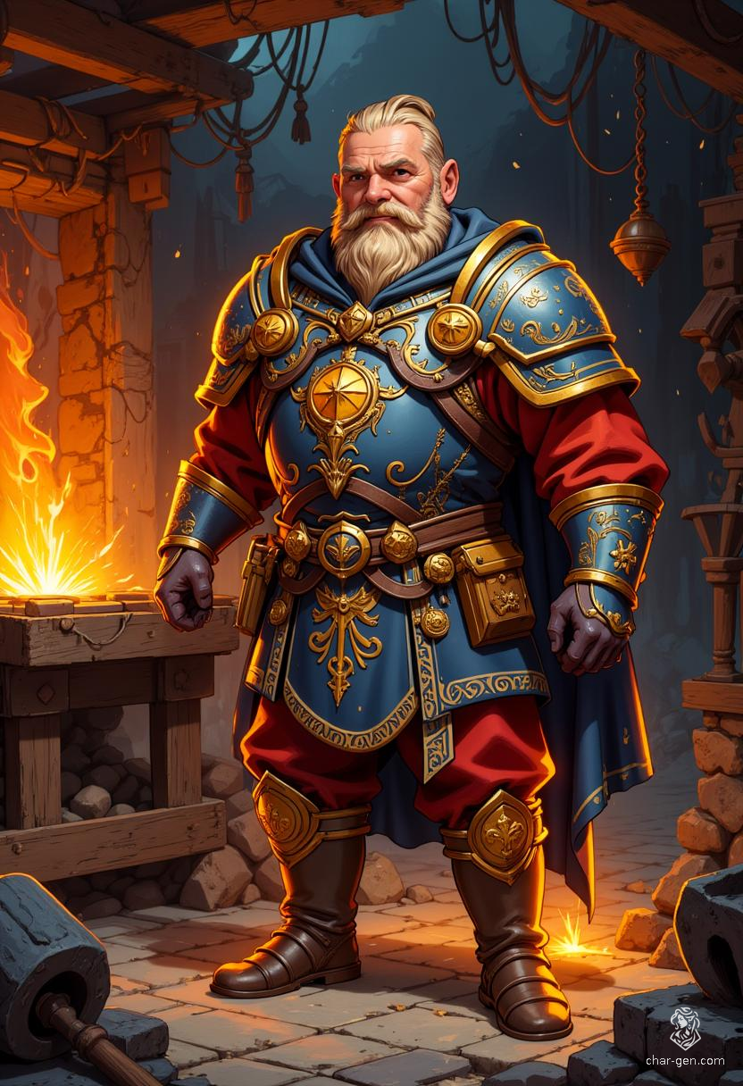 Groomorlum Blunthorn, a rugged dwarf warlock and Clan Crafter, wields a radiant warhammer and exudes an aura of magic. Skilled in both smithing and the arcane, he balances a debt to his guild with a fierce commitment to protecting Mirabar's artisans. His wisdom and charm make him a formidable ally.