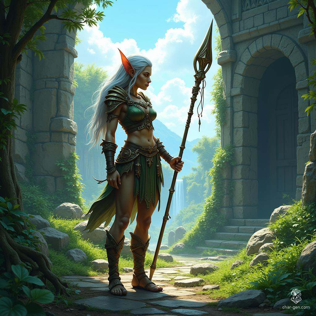 The Spiritborn druid, a nimble wood elf of medium build, wields a glaive with unwavering strength. Adorned in intricately detailed hides, they summon the earth's power alongside loyal animal companions, embodying harmony and wisdom in their lush, natural realm.