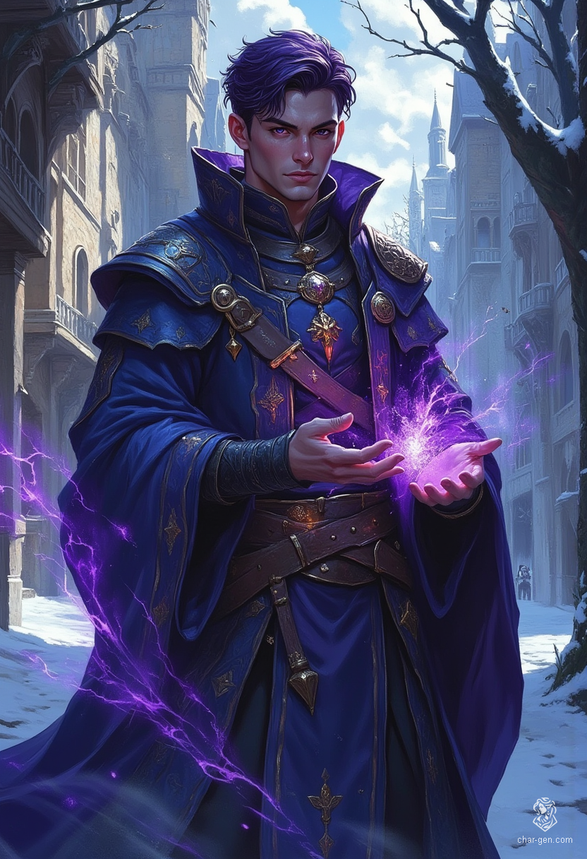 A striking portrait of a slender, ethereal male figure stands against an icy landscape, his glowing violet eyes piercing through the cold. Clad in an elaborate dark blue robe, his short, dark purple hair sways in the frigid wind as magic emanates from his beautifully detailed hands, creating an enchanting aura.