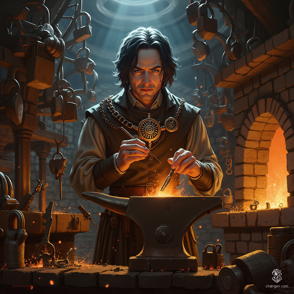 A pale-skinned watchmaker and locksmith, he sports a striking bob haircut and a silver tooth. Dressed amidst intricate locks and tools, his curious amulet—adorned with elaborate mechanics and cogwheels—whispers secrets of time, while his deft fingers craft and unlock mysteries with precision.