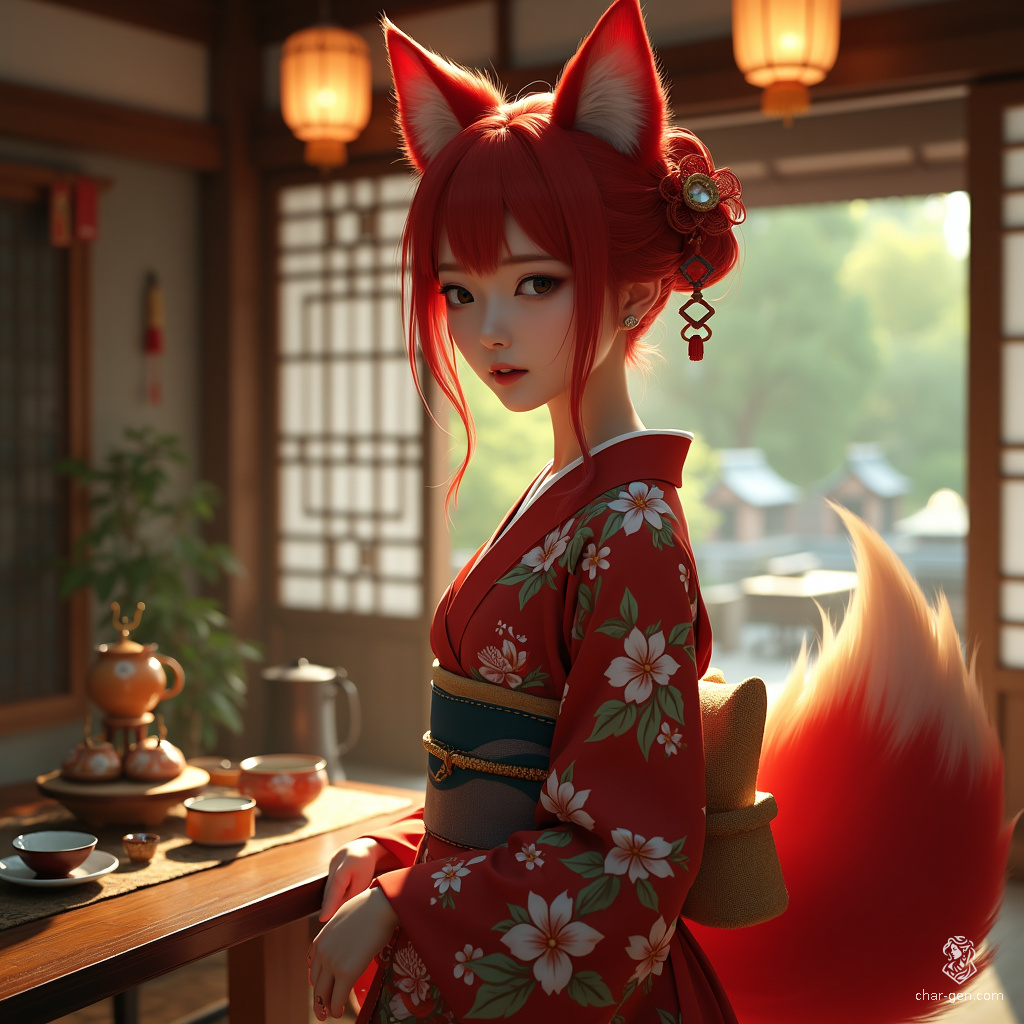 A stunning courtesan of Asian descent, this 32-year-old woman boasts bold cherry red hair and strikingly fair skin. Dressed in an elegant kimono, she features red fox ears and three luxurious tails, embodying the graceful allure of a Kitsune with an almost ethereal, angelic presence.