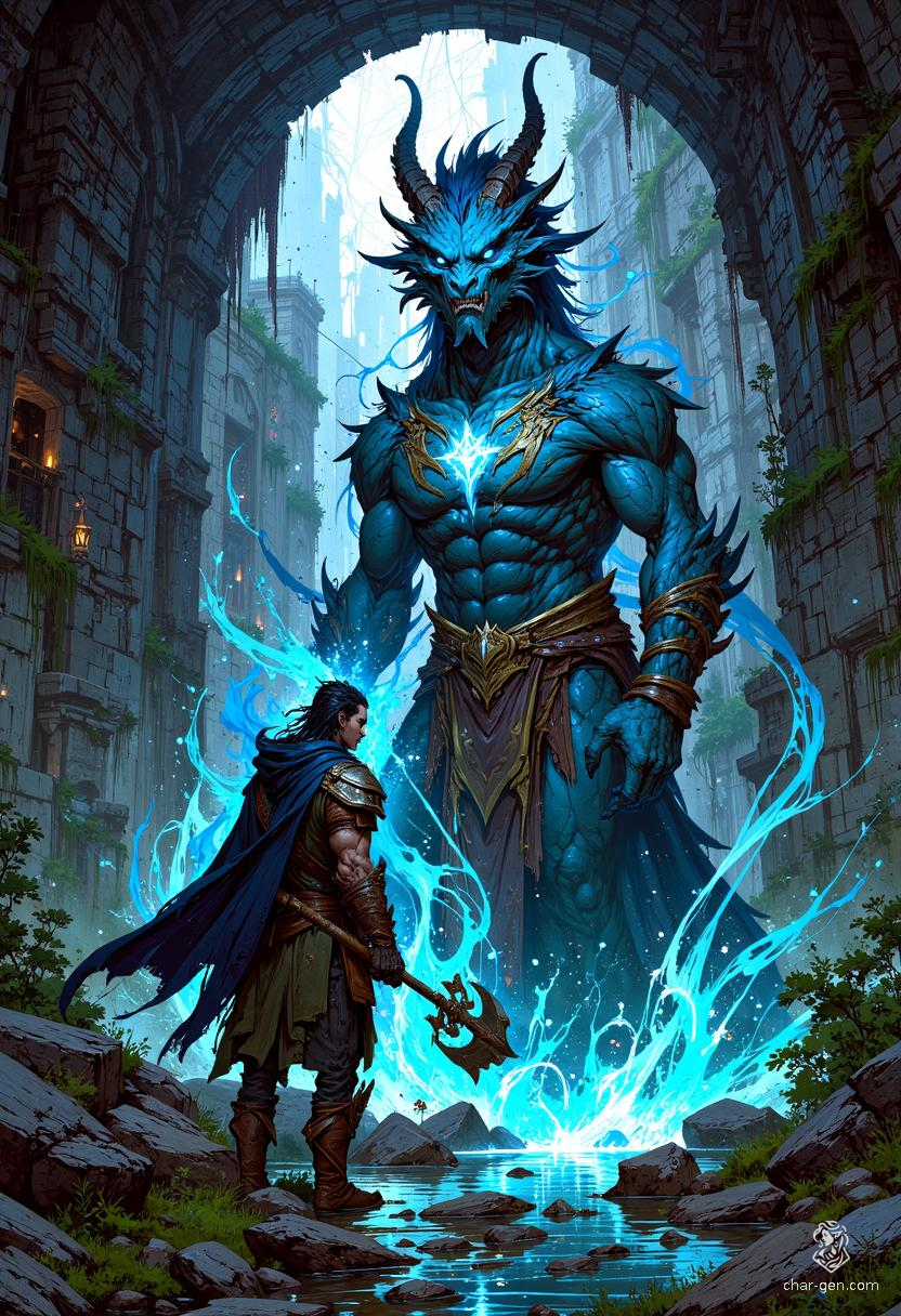 Az'ur Sininen, a noble dragonborn barbarian, stands at 6'7" with striking blue scales and dark blue eyes. A folk hero wielding a morningstar, he exudes strength and agility. Clad in an intricately shifting cloak, Az'ur embodies sincerity, haunted yet proud of his past, driven by authenticity and resilience.