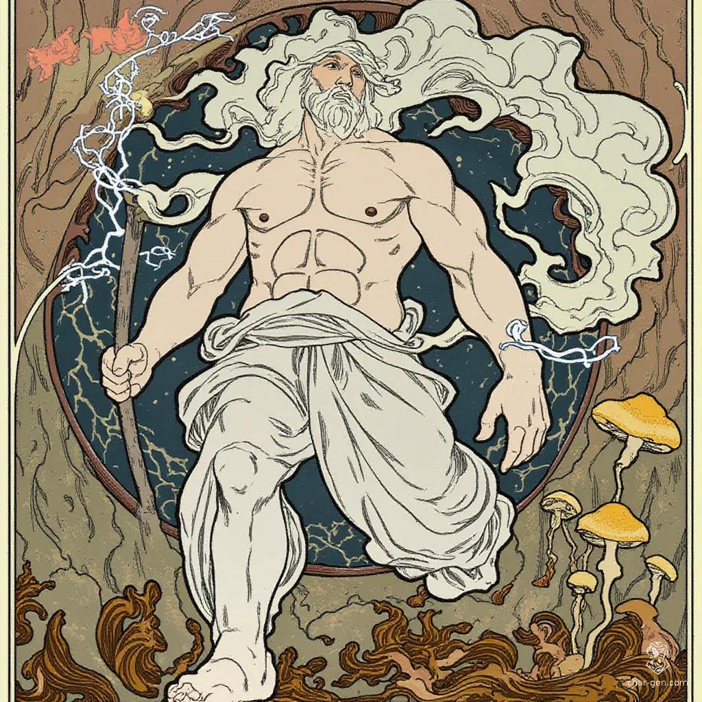 A towering cloud giant emerges from the cavern, radiating power with his massive, regal frame adorned in a cloud-like texture. His long, flowing white hair dances with the winds, and with a crackling staff in hand, he commands the thunder and lightning that surround him.