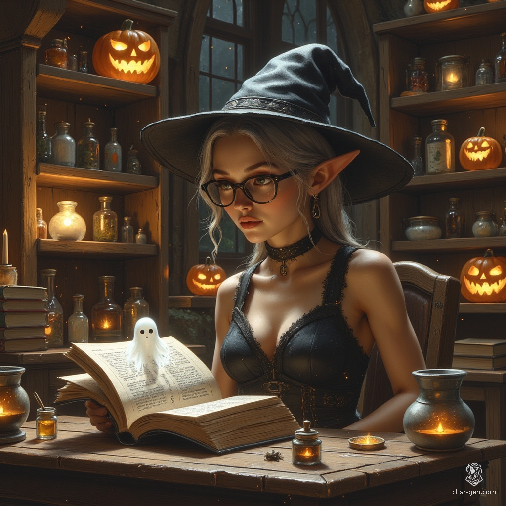 Maryam, an enchanting Apothecary Witch, is an older elf with graceful, tan skin and silver-streaked hair. With inquisitive topaz eyes behind rimless spectacles, she exudes warmth and wisdom. Surrounded by potions and herbs in her cozy lab, she embodies curiosity and care, guided by her ghostly spider familiar.