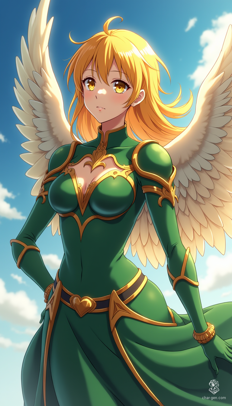 Sigarda, a stunning female angel, floats gracefully in the sky, adorned in intricate green and gold armor. With flowing golden hair and radiant solid gold eyes, she embodies celestial beauty and strength. Captured in ultra-high resolution, her dynamic presence is a breathtaking masterpiece of anime art.