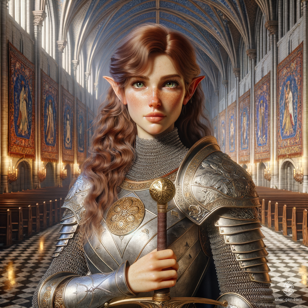 Kira Smith, a 180-year-old High Elf cleric, stands 5'7" with a medium build and 149 pounds. Her serene demeanor contrasts sharply with her pale, freckled skin and green eyes. Clad in intricately detailed scale mail, she wields a longsword and prominently displays her holy symbol. Her long, wavy auburn hair adds to her extremely charming and wise presence.