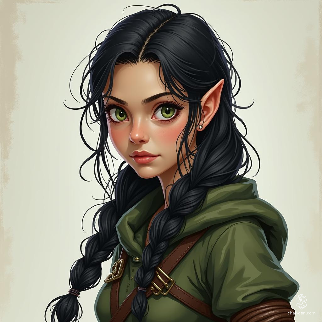 Meet Lira, the daring halfling rogue with a long braid cascading down her back. Her striking black hair complements her piercing green eyes, hinting at her cunning nature. Swift and agile, she navigates the shadows, ready to outsmart foes and seize treasures unseen.