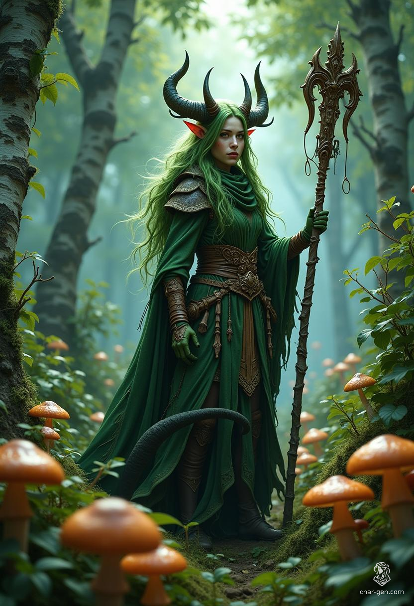 Lilith Valmoira, a wise Tiefling druid, navigates the cursed forests of Barovia with her twig-adorned staff and loyal animal companions. Distinctive for her green skin, devil-like horns, and intricate hides, she embraces her connection to nature, seeking solace among mushrooms while grappling with her dark heritage.