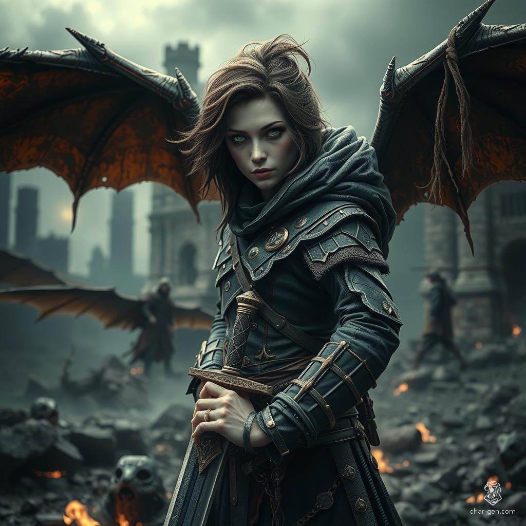 Miatte Derethian, a haunted human fighter from Dereth, is a sword-fighting champion and battlemaster. Standing 5'6" with pale skin, green eyes, and rich espresso brown hair, she wields a longsword and dons a winged cloak. Guided by spirits, she battles monsters to protect the innocent, driven by her tragic past.