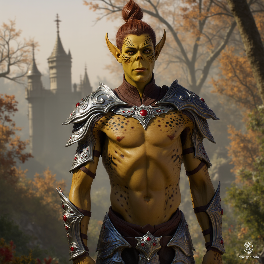 A tall, gaunt githyanki warrior, clad in gleaming plate armor, exudes an imposing presence. His rough, dirty yellow skin contrasts with russet hair tied in a topknot, while his Voldemort-like skull nose adds an eerie aura to his formidable visage.