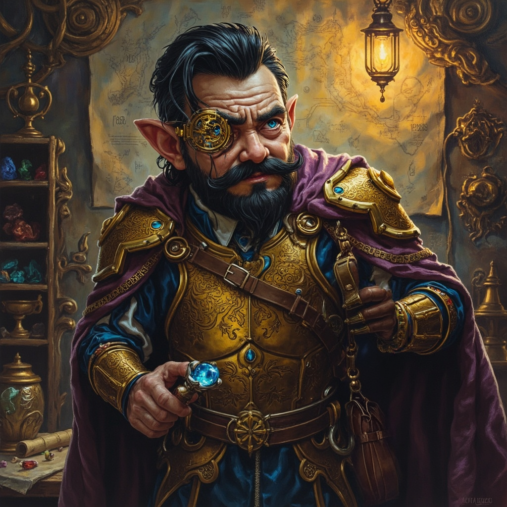 In a dimly lit workshop, a nervous yet charismatic gnome stands poised, his clockwork eye gleaming amid intricate blueprints and magical devices. Dressed in a disheveled mithral breastplate and rich attire, his mechanical arm and gemstone device hint at both brilliance and impending danger.