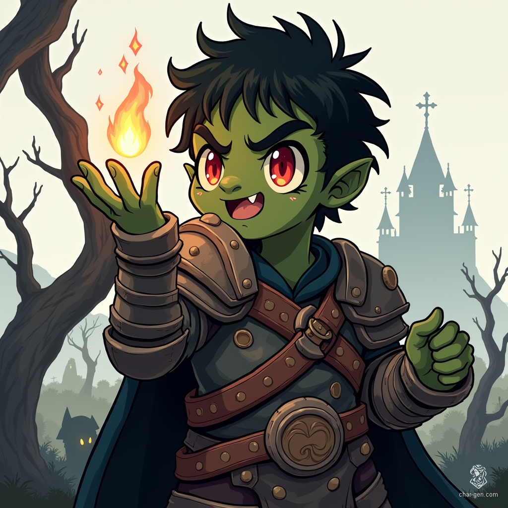 The towering Orc warrior, with green skin and red eyes, reaches for the heavens, a soft glow radiating from his palm. Clad in steel and dark leather, he brandishes a battle axe, embodying both strength and a quest for divine favor amidst his rugged bravado.