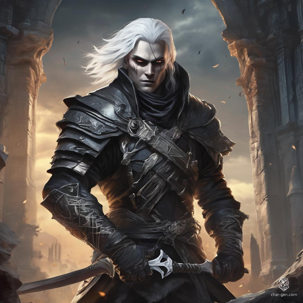 Haunted by a dark past, this 235-year-old male Shadar-kai rogue weaves through shadows with nimble grace. Clad in intricate leather armor, his striking white hair and obsidian eyes mirror the magic surrounding him. Armed with a dagger, he seeks redemption by hunting evil in the realm.
