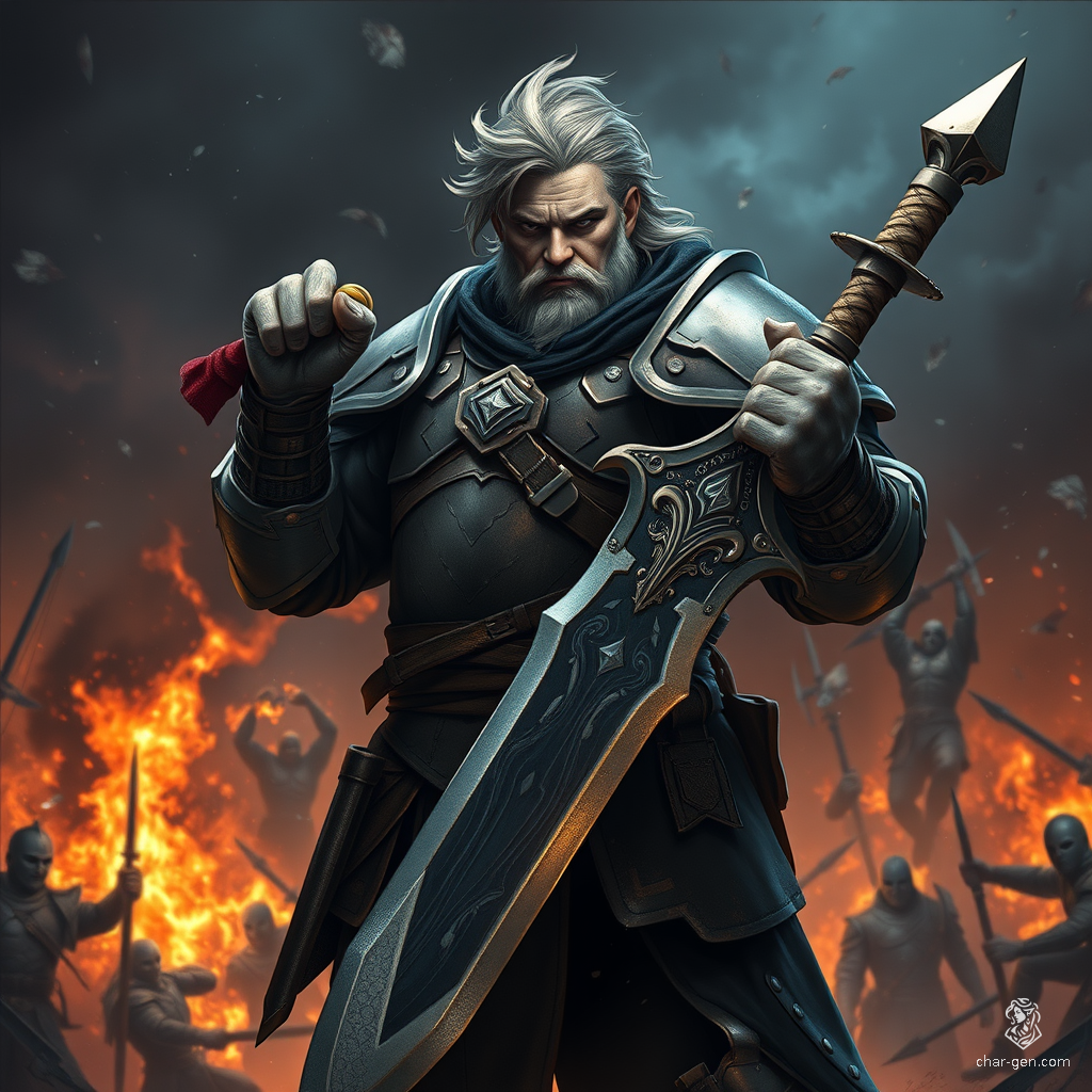 Sig Curtis is a towering warrior, standing at 2 meters with a robust build and a determined gaze. Clad in battered half armor, he wields a stunning, glowing great sword. Surrounded by a shadowy aura, he stands ready for battle amidst chaos, embodying strength and resilience.