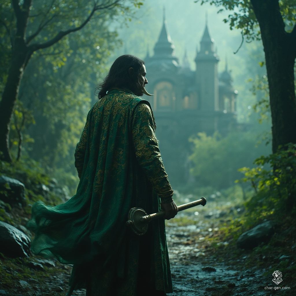 Mugzug the Tiny, a half-human, half-orc warlock with an air of noble charm, wields her mace with formidable skill. Infused with magical sigils, her green-skinned visage conceals a heart broken by forbidden love. Haunted by her past, she made a dark pact to reclaim her beloved.