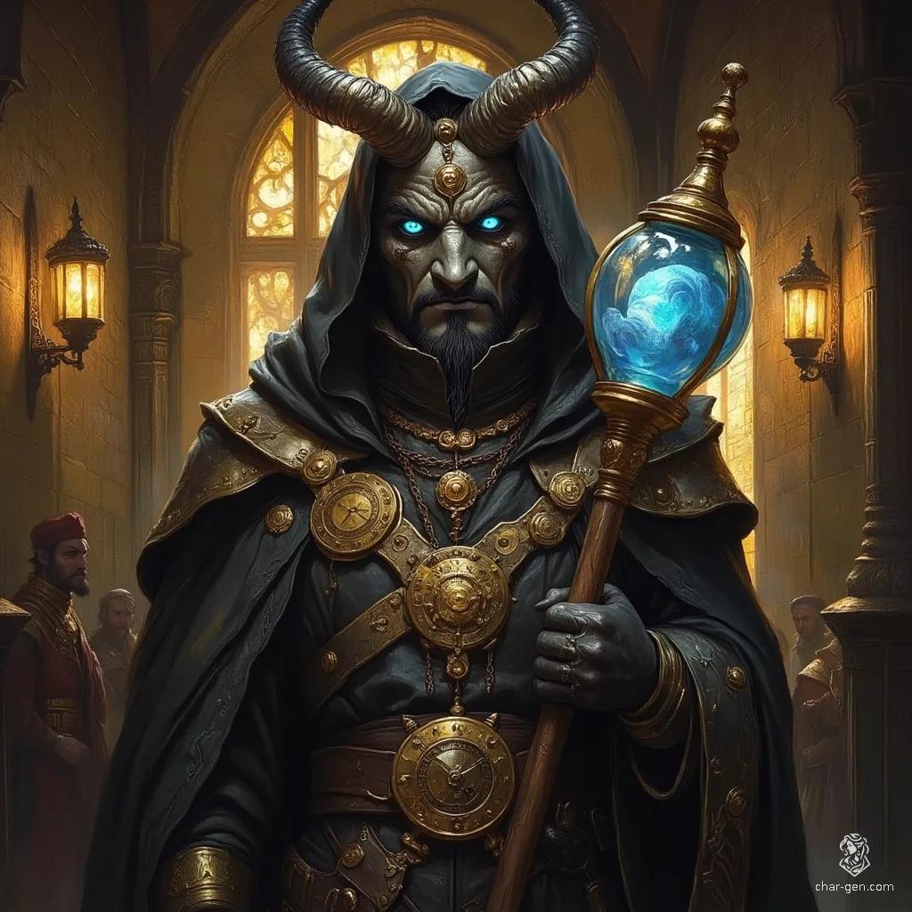 The Clockwork Sage is an enigmatic figure enveloped in intricately designed robes and a metallic mask that reveals nothing but glowing blue eyes. With gears ticking in harmony and a crystalline hourglass staff, he embodies the secrets of time and dark ambition within a shadowy chamber of ancient wisdom.