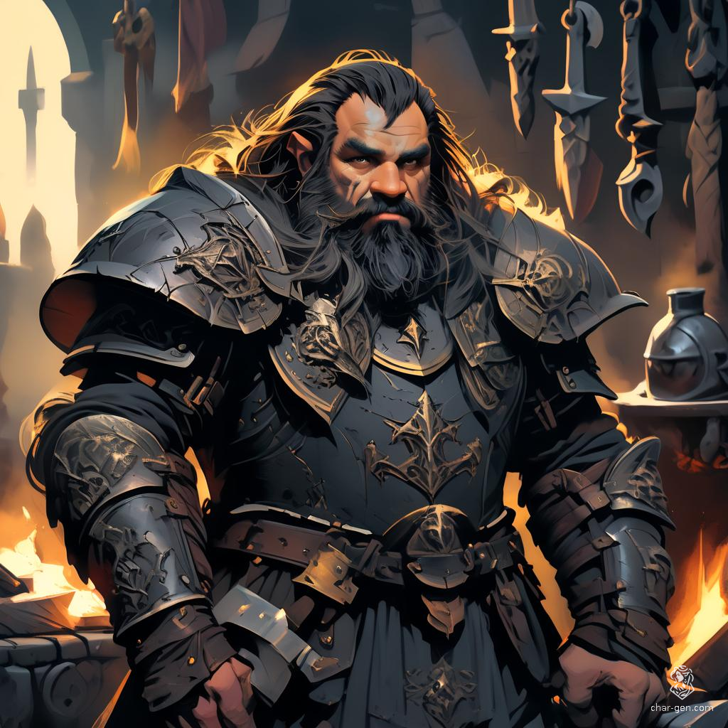 Bold and skilled, this male dwarf fighter exudes confidence amidst his armory of weapons. With tan skin and a jet-black beard, he crafts formidable armor within a backdrop of hammers and anvils, ready to protect warriors. Dressed in chainmail and a brown cloak, he stands poised in the forest, a sentinel of strength.