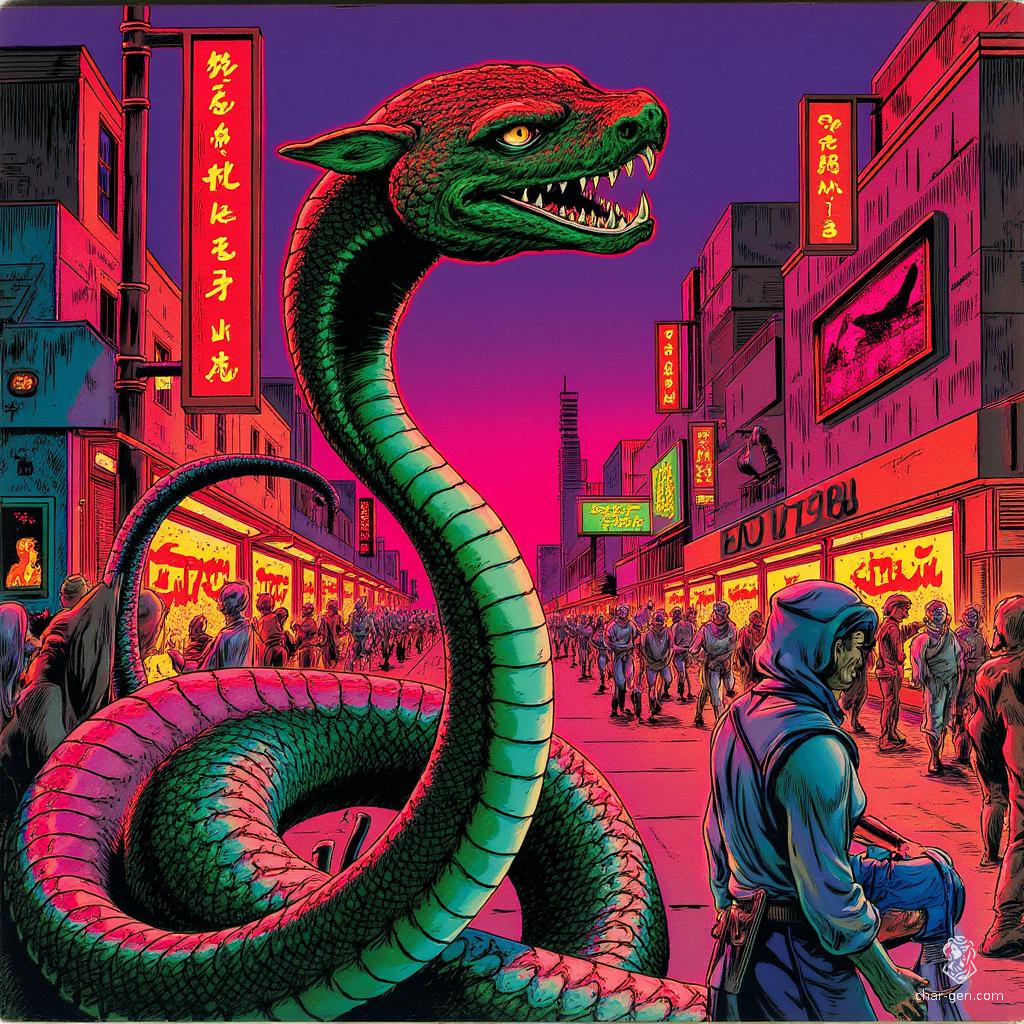 The Naga is a majestic, serpent-like creature with a humanoid torso and a hooded cobra head, adorned with shimmering jewels. With graceful coils poised to strike, its hypnotic gaze captivates foes, striking fear akin to a basilisk from the depths of fantasy.