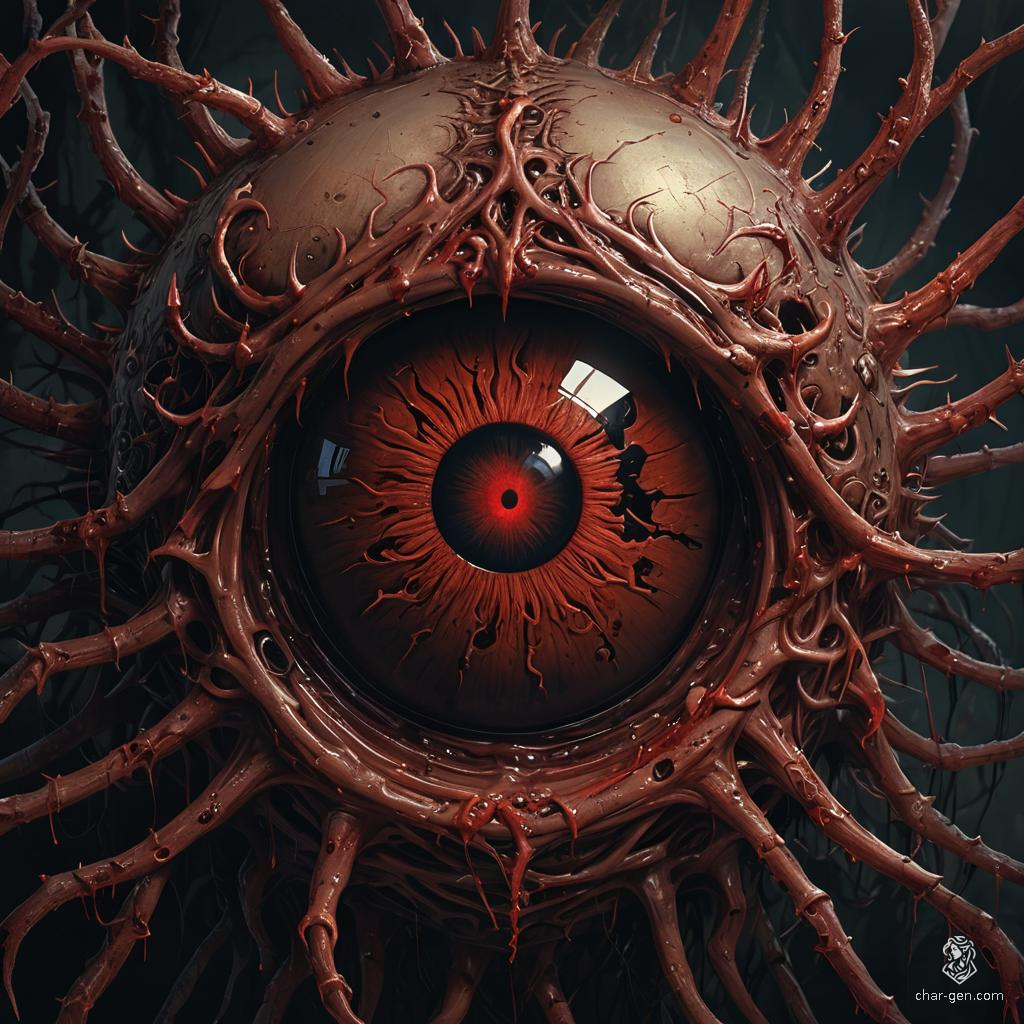 A Beholder is a floating, ball-shaped creature with bloodied, skin textured bodies and multiple eyestalks, each ending in a deadly, magical eye. Its crimson, bloodied skin contrasts sharply, invoking an aura of terror and malevolence.