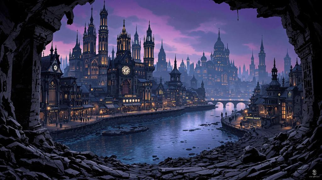 In a twilight realm, the cityscape of Ravnica reveals a haunting contrast. Pristine towers reach for the heavens, adorned with divine cathedrals, while the shadowy remnants of older districts lie in ruin. The river mirrors this duality, flowing through vibrant markets and crumbling alleyways, steeped in melancholic intrigue.