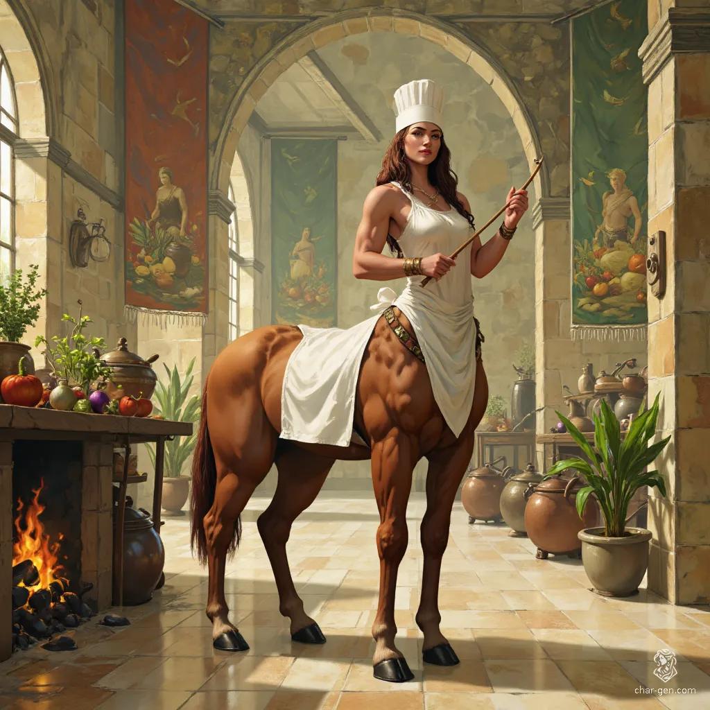 In a lively kitchen, a centaur chef expertly stirs pots with strong arms, the upper half of a human and the lower half of a majestic horse. Their dual nature brings efficiency and grace, crafting delicious meals amid the chaos of culinary artistry.
