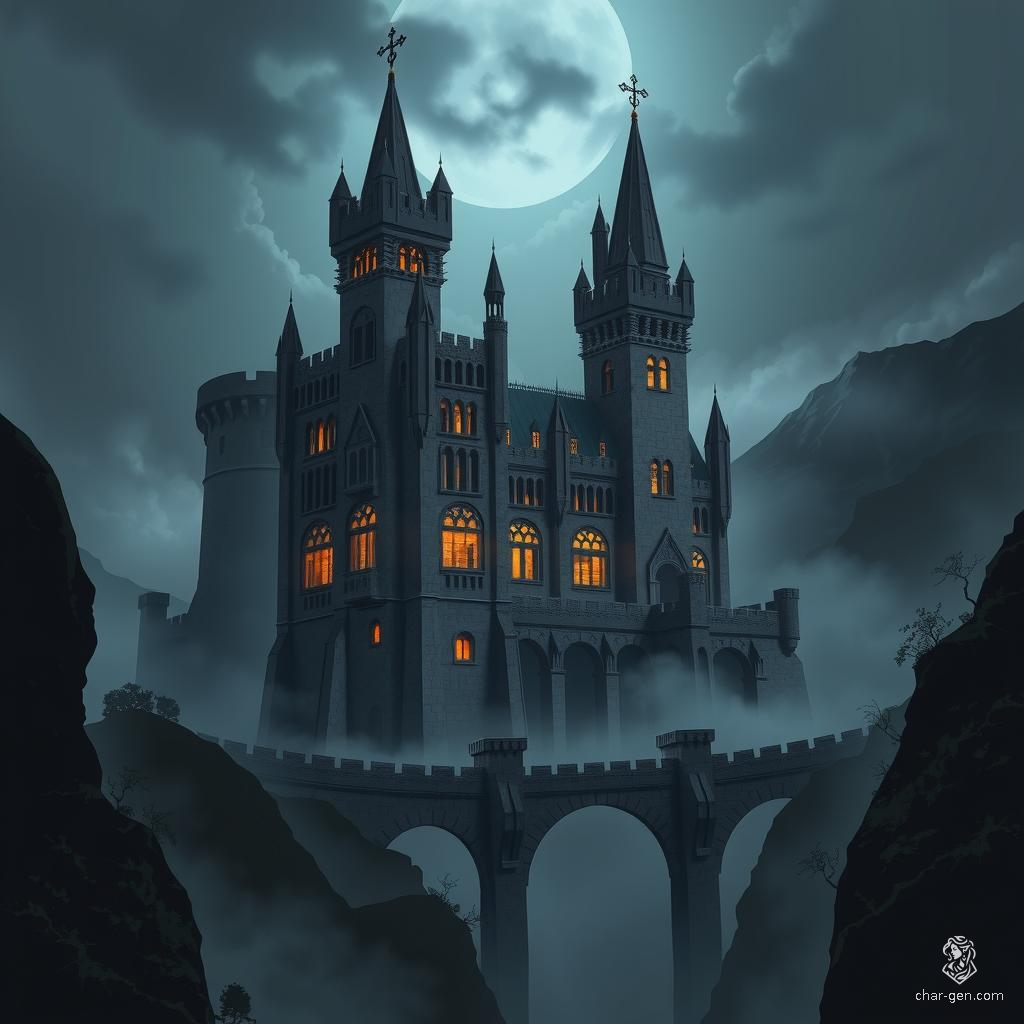 In a stormy, mist-shrouded valley, a towering gothic castle rises, its dark stone walls weathered and cracked. Tall spires pierce the brooding sky while flickering lights animate its arched windows. A drawbridge spans a deep, mist-filled chasm, exuding an aura of ancient malevolence.