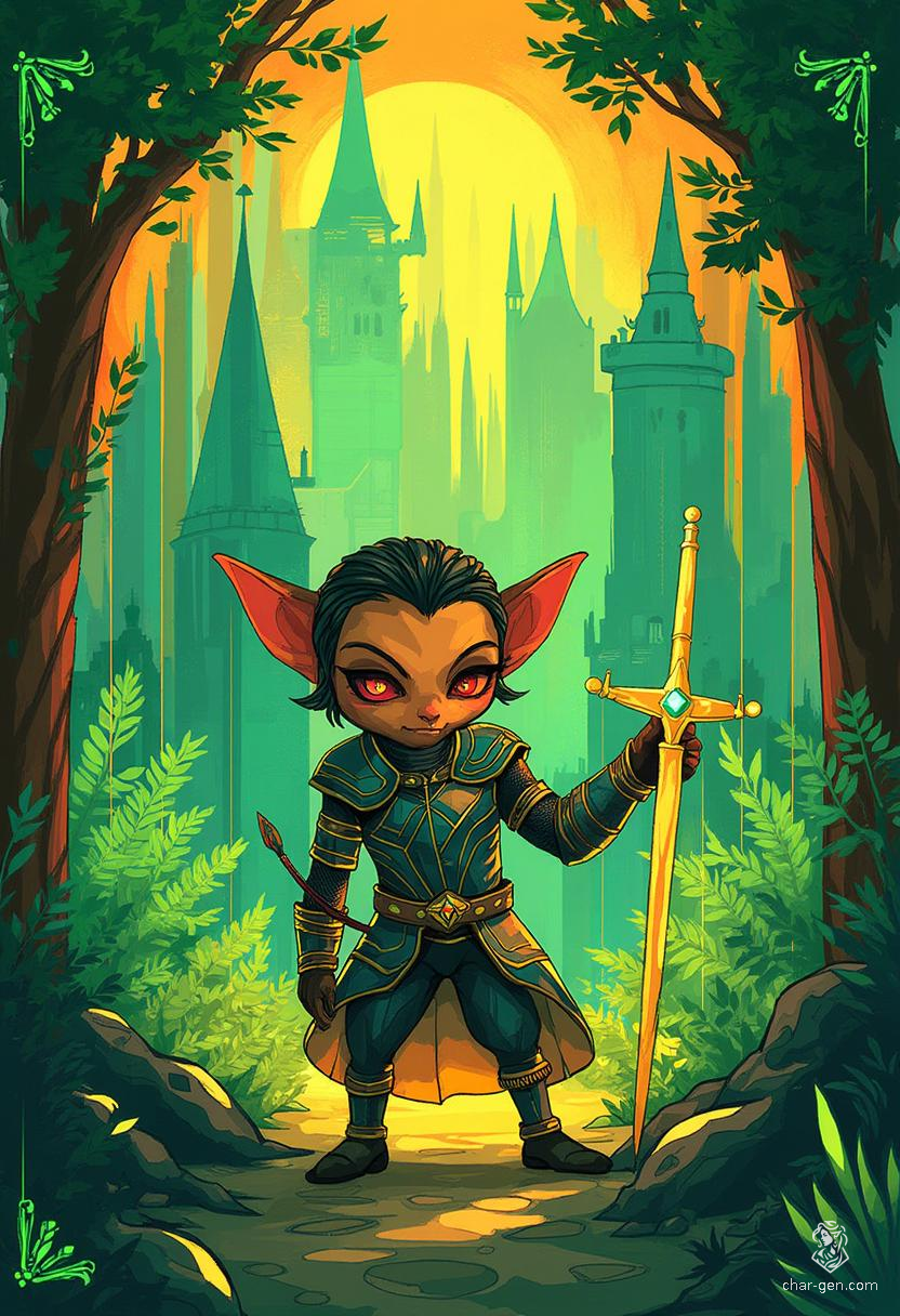 Bittles is a nimble goblin rogue, with a sly grin and a glint of mischief in their bright, green eyes. Their intricately detailed leather armor hugs their small frame, while a slender, green-gemmed dagger gleams in their strong grip, ready for any challenge.