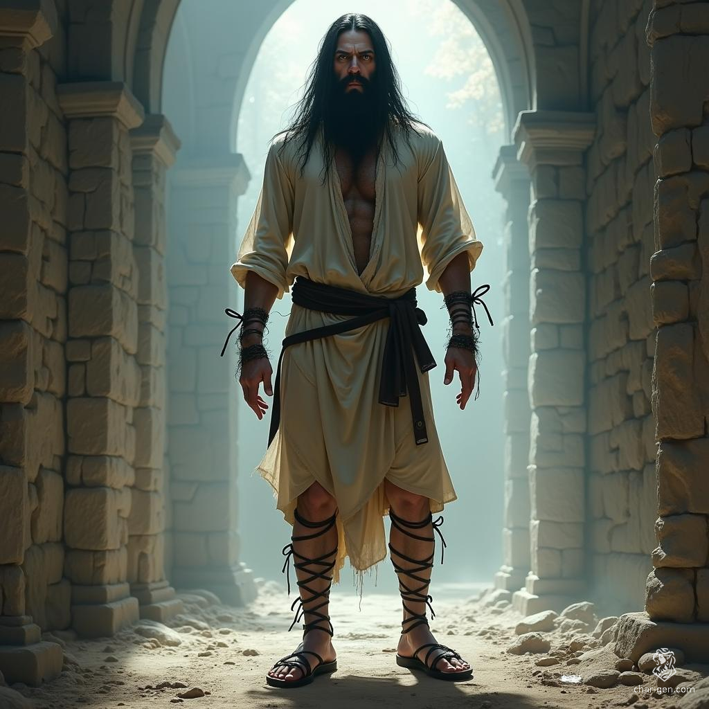 A tall, ragged prisoner, with long black hair and an angry expression, embodies a haunting ethereal presence. Clad in tattered garb and leather sandals, he carries an air of majestic defiance amidst a dreamlike, celestial landscape, capturing the very essence of epic fantasy.