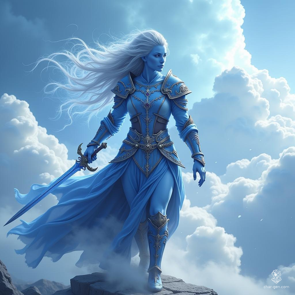 Breezen Aeolus, an 18-year-old air genasi bard, captivates with his sky-blue skin and stormy grey hair. Agile and charming, he wields a rapier and enchanting instrument, enchanting audiences with expressive gestures and air-woven magic, all while embodying noble elegance in detailed leather armor.