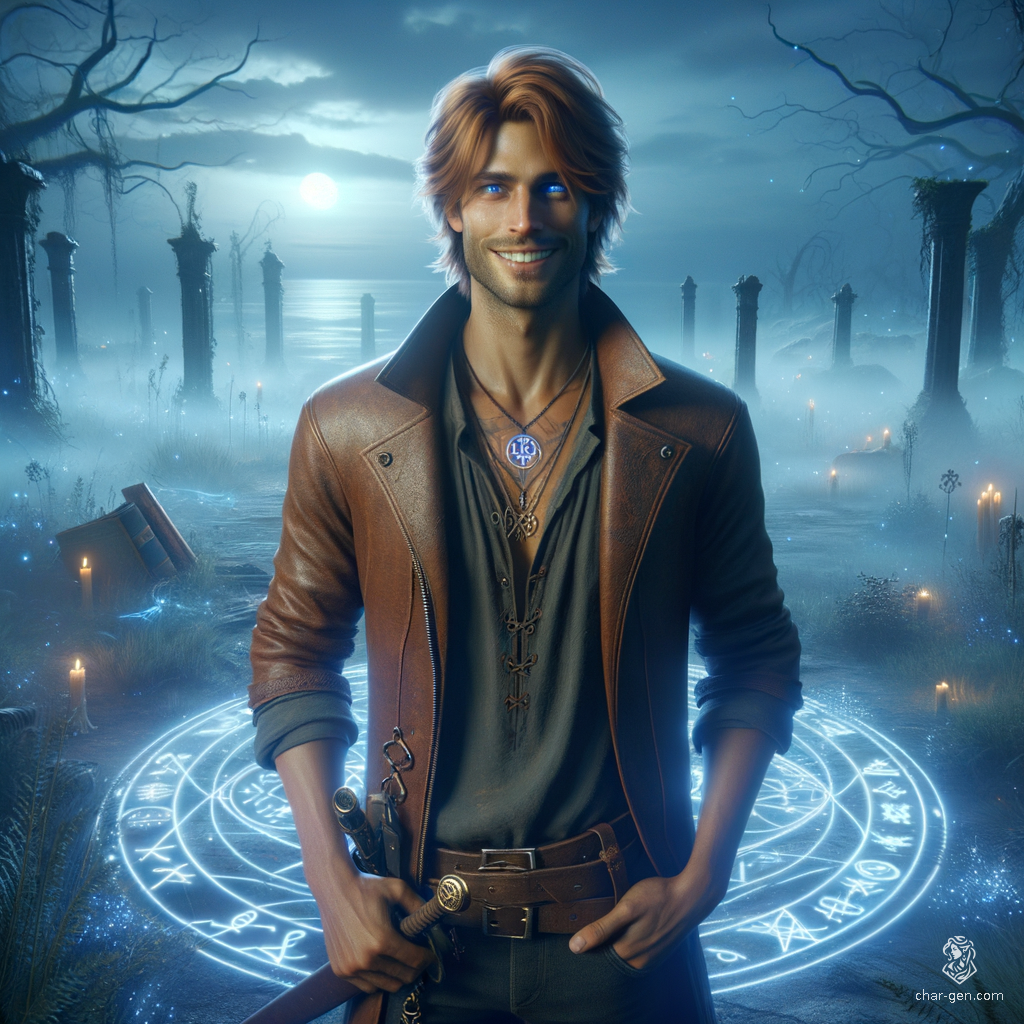 Standing confidently at the center, this warlock exudes an aura of magic with arcane sigils glowing around them. The tan-skinned male, with crystal blue eyes and copper orange medium hair, smiles warmly. Dressed in a simple leather jacket, he wields a sword effortlessly.