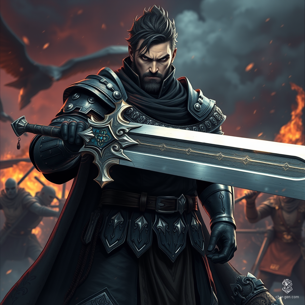 Sig Curtis is a towering warrior, standing at 2 meters with a robust frame. Clad in battle-worn half armor, he wields a stunning great sword adorned with glowing inlays. With a gloomy yet determined expression, he emanates a shadowy aura, ready to face the chaos of battle behind him.