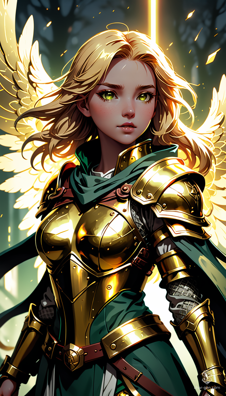 Sigarda, a radiant female angel, soars through vibrant skies clad in intricate green and gold armor. Her golden hair cascades down her pale skin, while her solid gold eyes shine with celestial power. Set against a painterly backdrop, she embodies the harmony of natural and magical realms.