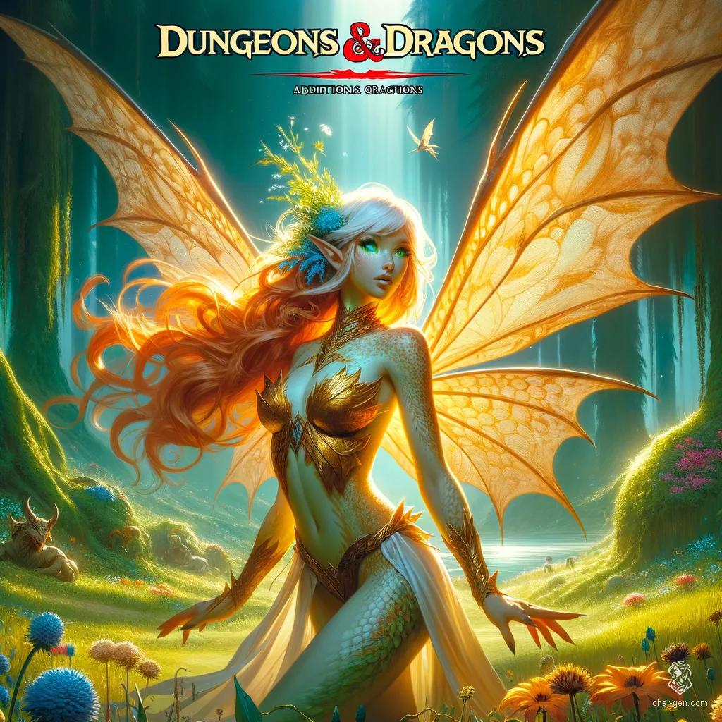 Celestia is a graceful half-dragon with long copper hair tied in a ponytail, shimmering gold wings, and a distinct light complexion. She gracefully glides through water, embodying both the elegance of a dragon and the ethereal beauty of the sea.