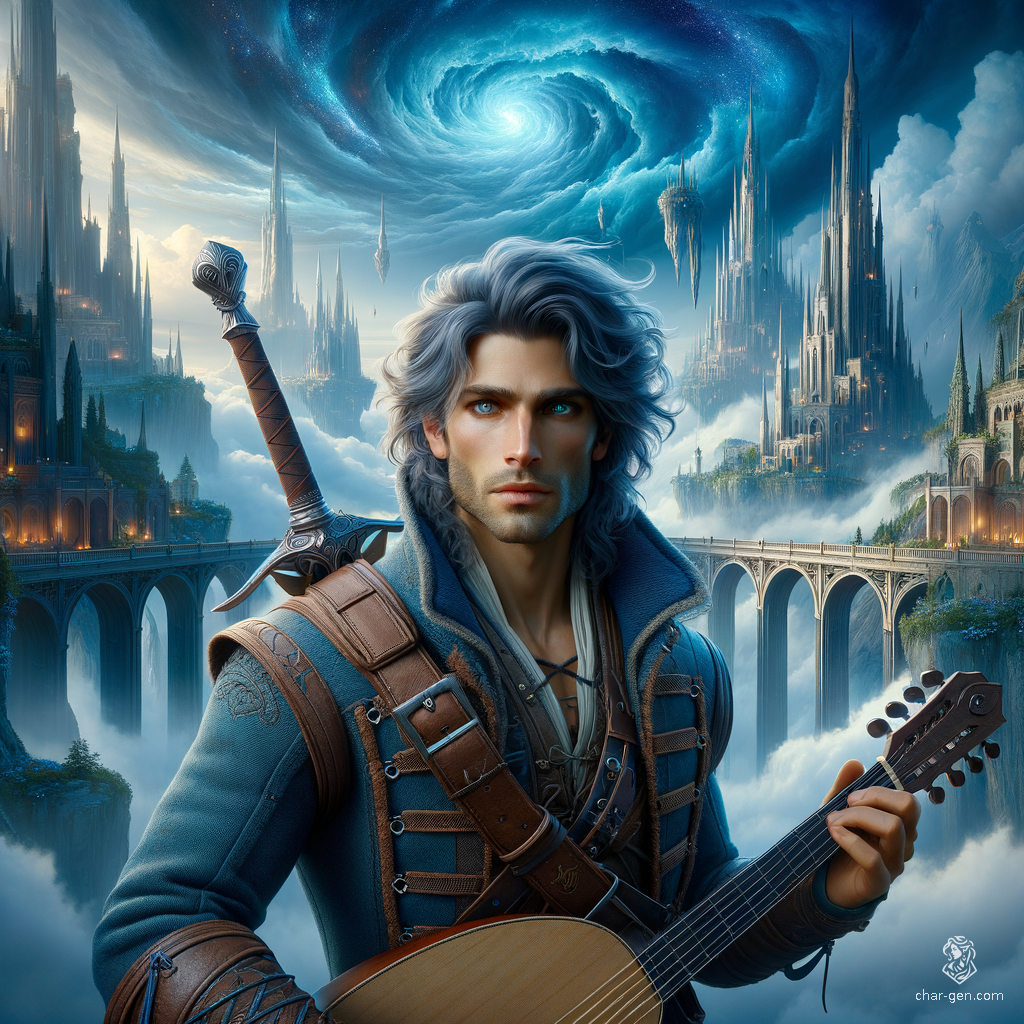 Breezen Aeolus is a charming air genasi bard with striking sky-blue skin and storm cloud-grey hair. Standing 5'10" tall, he wields a rapier confidently, dressed in intricately detailed leather armor. With nimble grace and a captivating presence, he plays enchanting melodies on his magical instrument, leaving listeners spellbound.