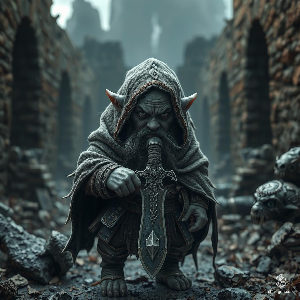 Shifty McGee, a 3-foot tall, gray-skinned deep gnome, is a masterful ranger-rogue with stormy-colored eyes. Clad in a detailed, stealth-enhancing woodland cloak, he wields a dagger confidently. A guild artisan, he's nimble and strong, with a shaved head, and an invaluable animal companion. Claustrophobic but highly skilled.