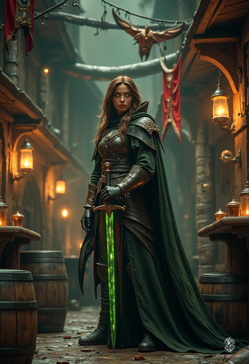 Miatte Derethian is a 30-year-old human fighter, haunted by her past and driven to protect the innocent. With striking pale skin, rich espresso hair, and green eyes, she wields her longsword with precision, clad in a distinct winged cloak. A survivor from the fallen island of Dereth, she battles monsters to exorcise her own demons while communicating with unseen spirits.