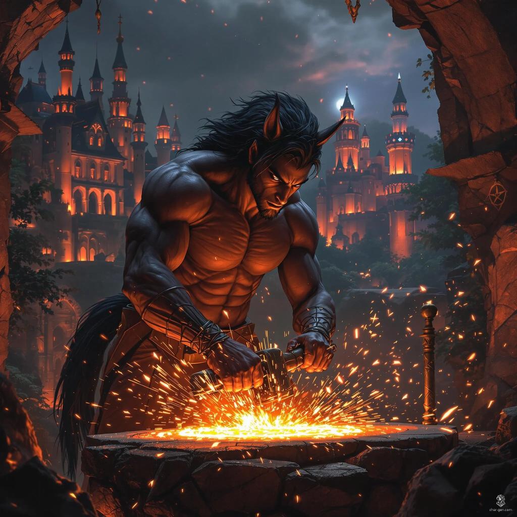 A masterful warlock, aged 30, wields arcane power in a subterranean forge, his dark skin glistening with sweat under molten lava’s glow. Surrounded by ethereal sigils and the rhythmic clang of metal, he forges legendary weapons, infusing them with elemental magic that alters destinies.