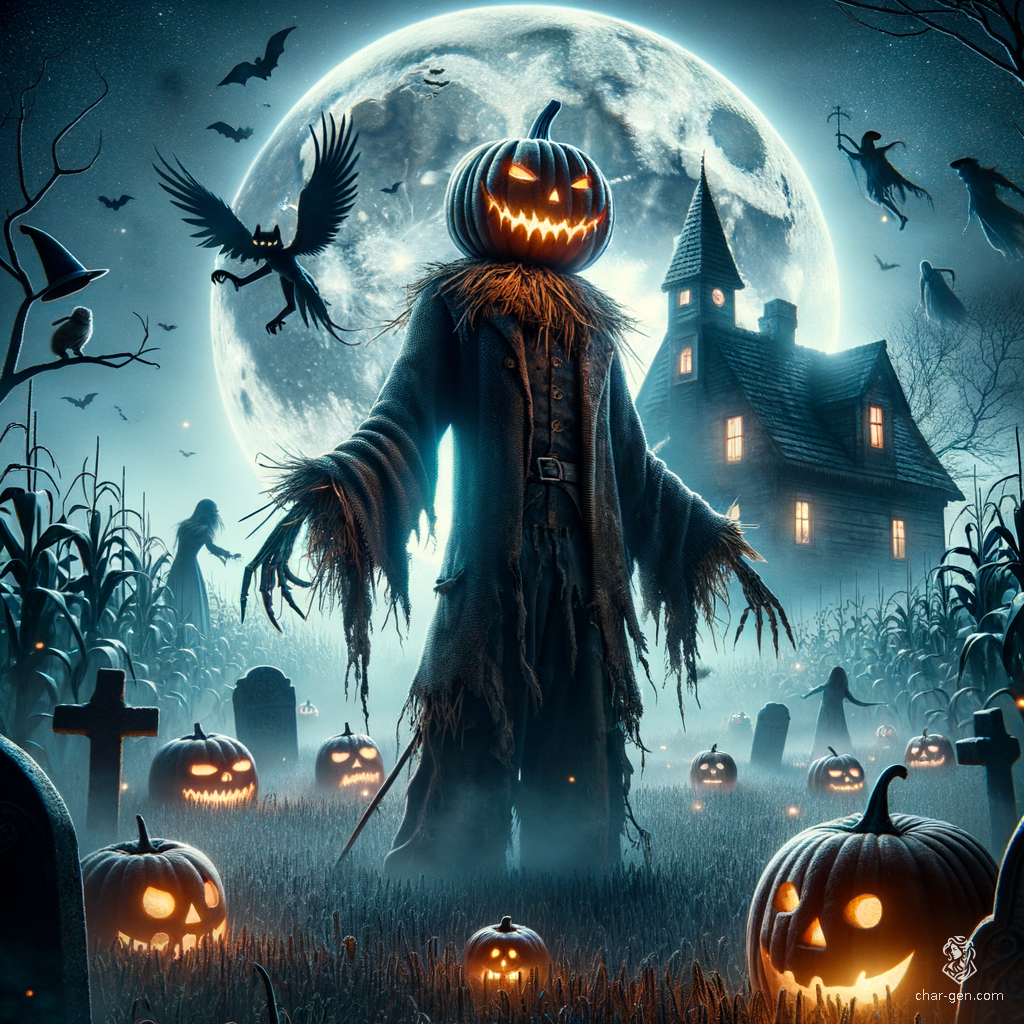 In a shadowy cornfield, a sinister scarecrow looms, crafted from dark straw and tattered cloth. Its unsettling dark skin contrasts with a menacing pumpkin head. Surrounded by eerie, forgotten toys, it evokes fear and dread as it watches the night unfold.