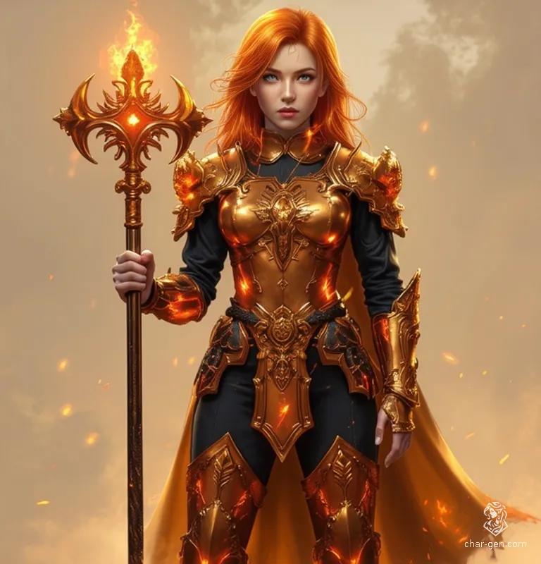Amelia is a poised young cleric clad in gleaming copper armor adorned with glowing runes and divine symbols. Her light orange hair contrasts her sleek black leotard as she wields a magical mace, radiating mystical energy with serene determination and heroic devotion.