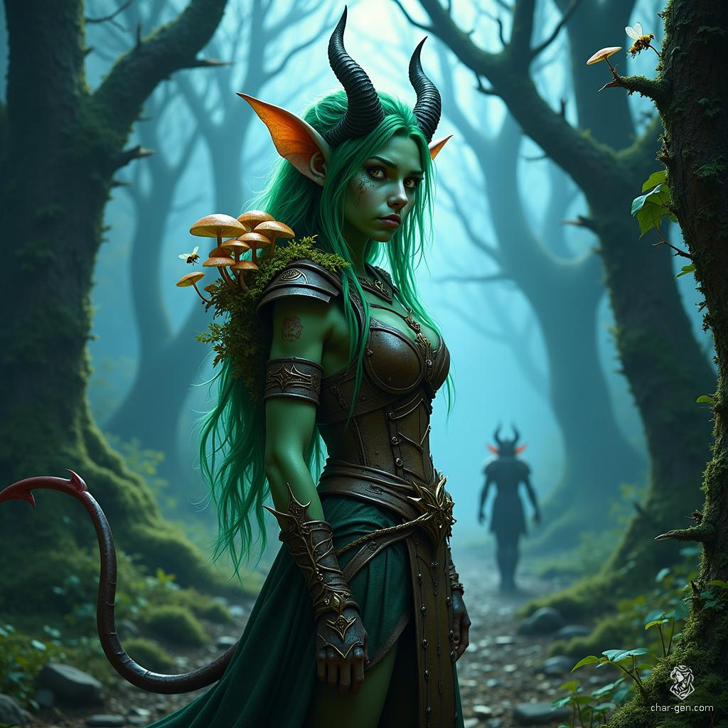 A striking female tiefling druid, she boasts vibrant green skin and lush forest-green hair, adorned with mushrooms sprouting from her wooden pauldron. With devilish horns and a long tail, she commands earthy elements and is accompanied by swarms of bees and loyal animal companions.