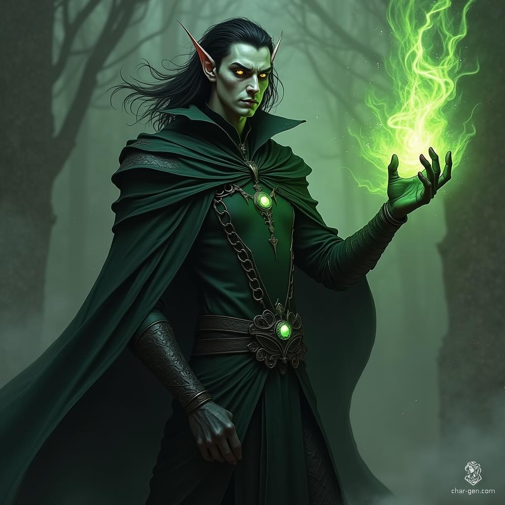 A young male Drow sorcerer with striking yellow eyes harnesses the power of acid magic. His dark skin glimmers in the dim light, revealing his mastery of the arcane arts. With a flick of his wrist, he conjures corrosive spells, ready to face any foe in his path.