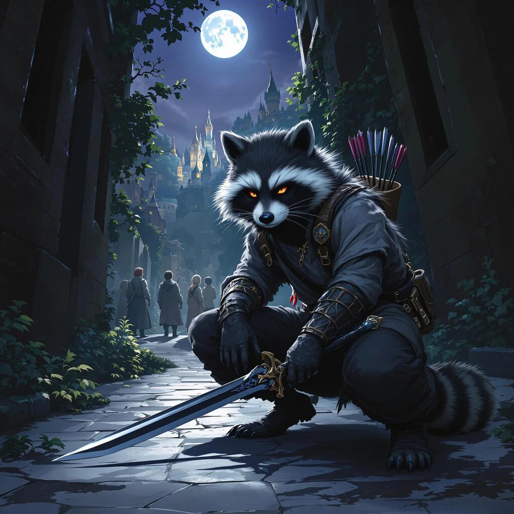 Ribeye Alamode, a 24-year-old gray-skinned, brown-eyed human urchin, embodies the spirit of survival in a bustling city. A skilled but self-doubting warrior, he wields a rapier and a buckler, navigating shadows with streetwise agility, driven to help those who help him while seeking to prove his worth.