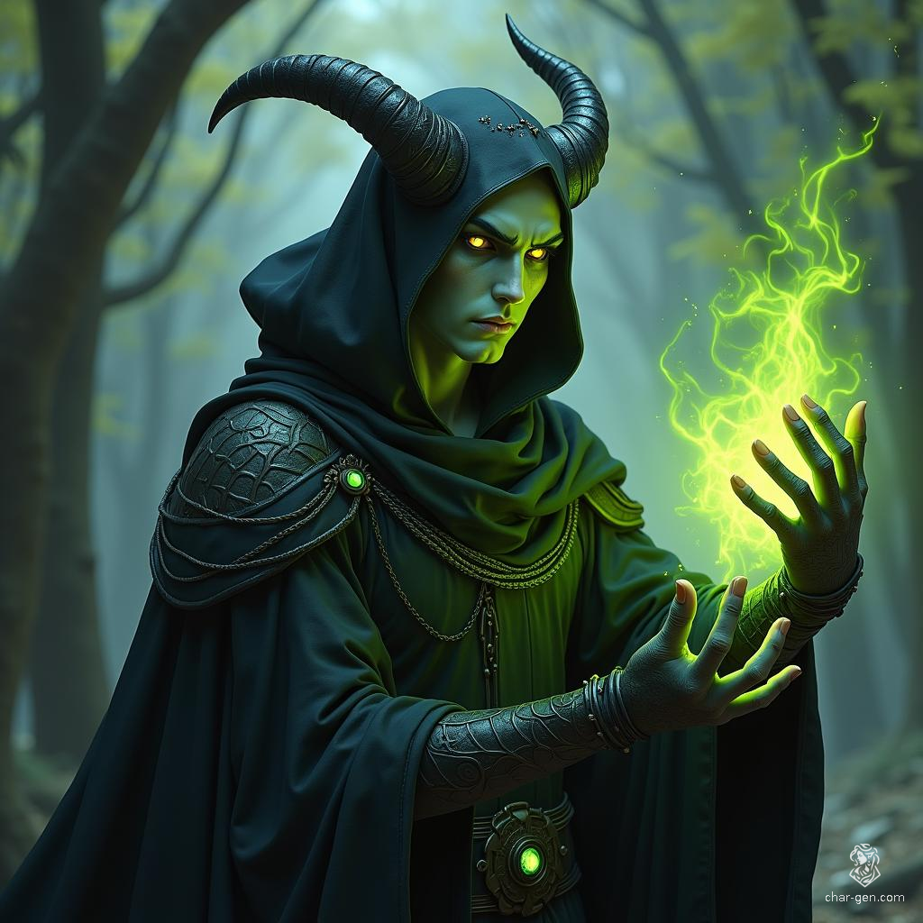 A young male Drow sorcerer, his striking yellow eyes gleam with arcane knowledge. Clad in dark fabrics that blend with shadows, he weaves powerful spells, channeling corrosive acid that drips from his fingers, reflecting both his cunning nature and mastery of forbidden magic.