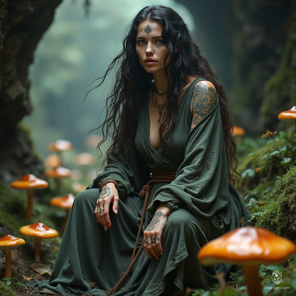 A 32-year-old female druid with pale, tattooed skin, draped in tattered robes, resides in a cave abundant with glowing mushrooms, embodying the mystic connection between nature and magic.