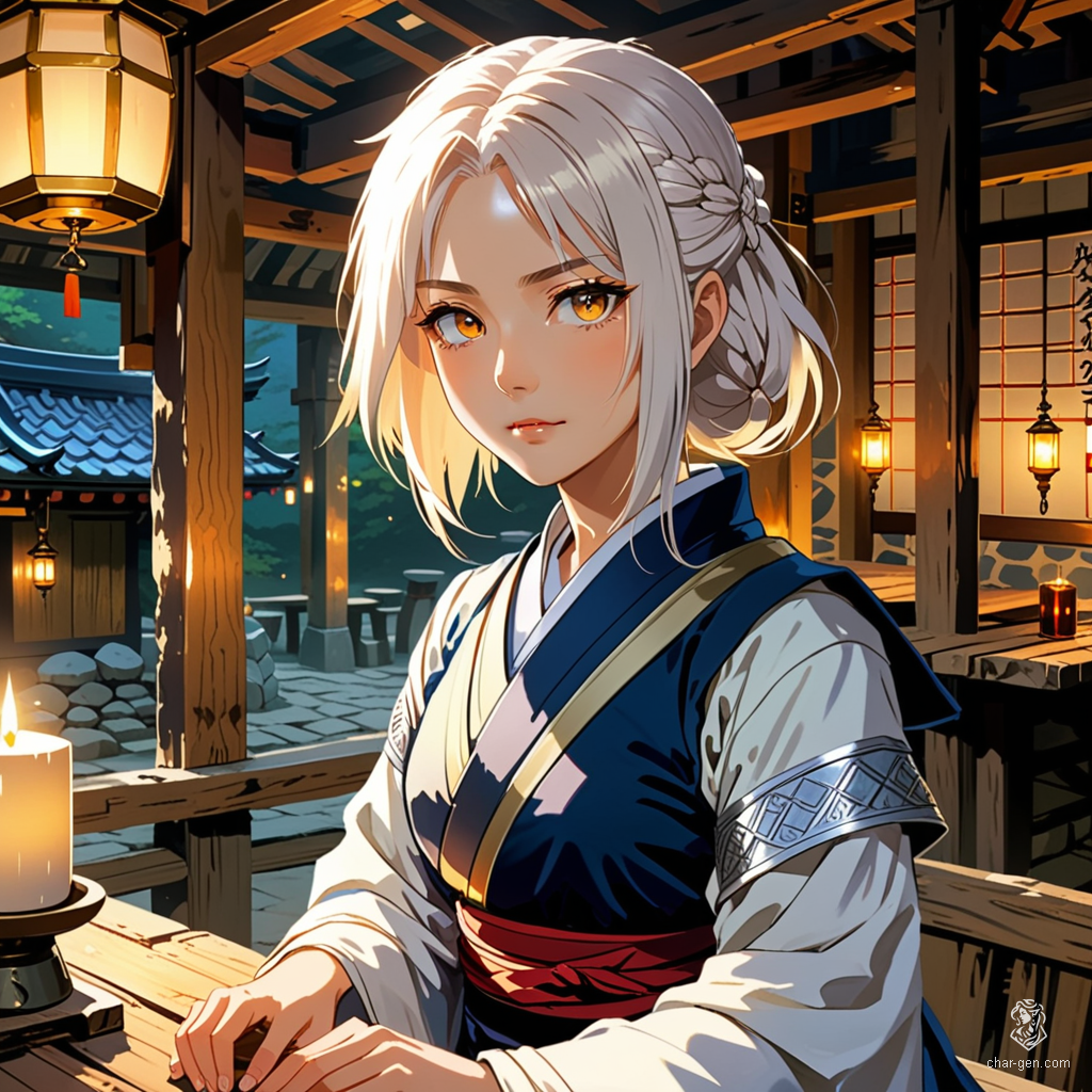 A dignified female paladin, her bright pure white hair glistens against the rugged backdrop of stone. Standing tall among chisels and mallets, she expertly shapes blocks as a stonemason, embodying strength and protection while forging her own destiny in a world of magic and stone.