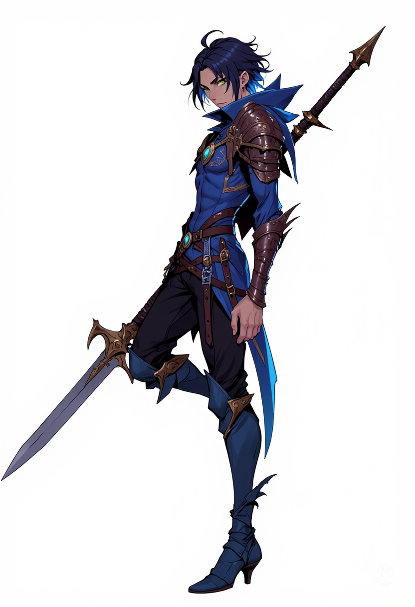 A striking blue dragon knight stands triumphantly against a vivid sky, adorned in stylized armor that accentuates his exaggerated physique. With bold linework and vibrant cel-shading, his cartoon-like expression exudes confidence, while dynamic poses and high-contrast lighting bring this anime-inspired character to life.