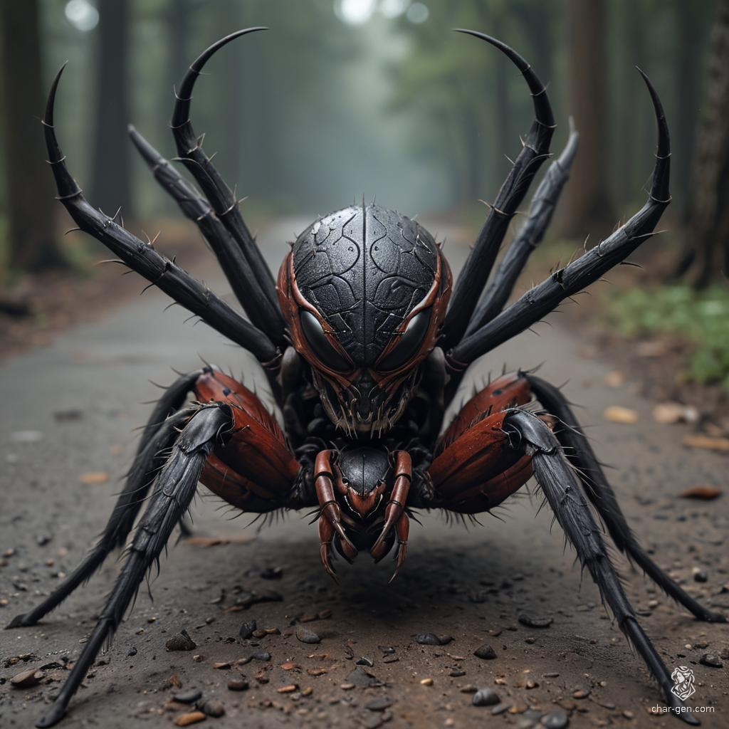 The Drider is a fearsome hybrid with the upper body of a drow dark elf and the lower body of a giant spider. It has eight legs, sharp fangs, and a venomous bite. Its bloodied skin texture contrasts starkly, enhancing its monstrous appearance.