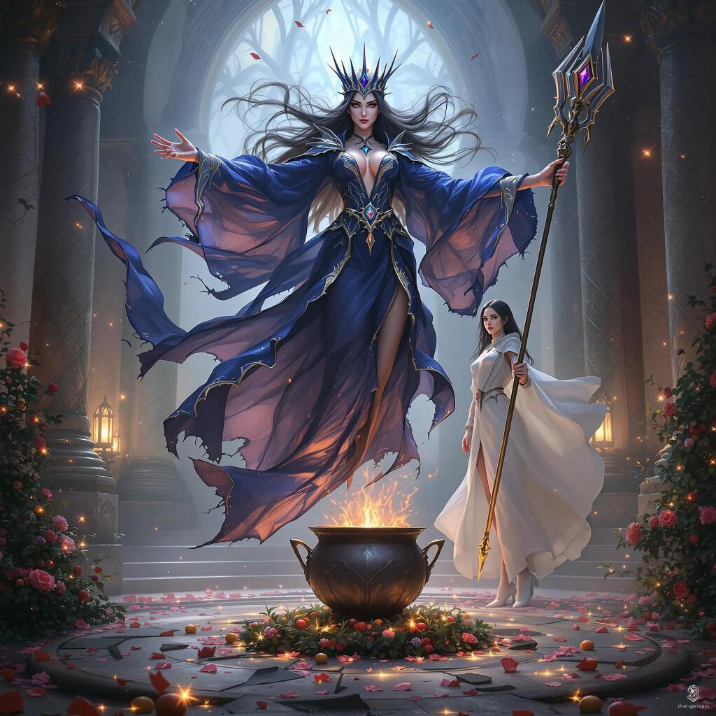 In a grand, desolate ballroom, a regal, ethereal enchantress hovers with commanding grace, her dark blue and violet robes trailing wisps of magic. A mystical crown adorns her head, emphasizing her queenly aura as her hand stretches toward a bubbling, ominous cauldron. Beside her, a determined young warrior in gleaming armor grasps a quarterstaff, symbolizing a bond of purpose and urgency in the enchanting, mysterious scene.