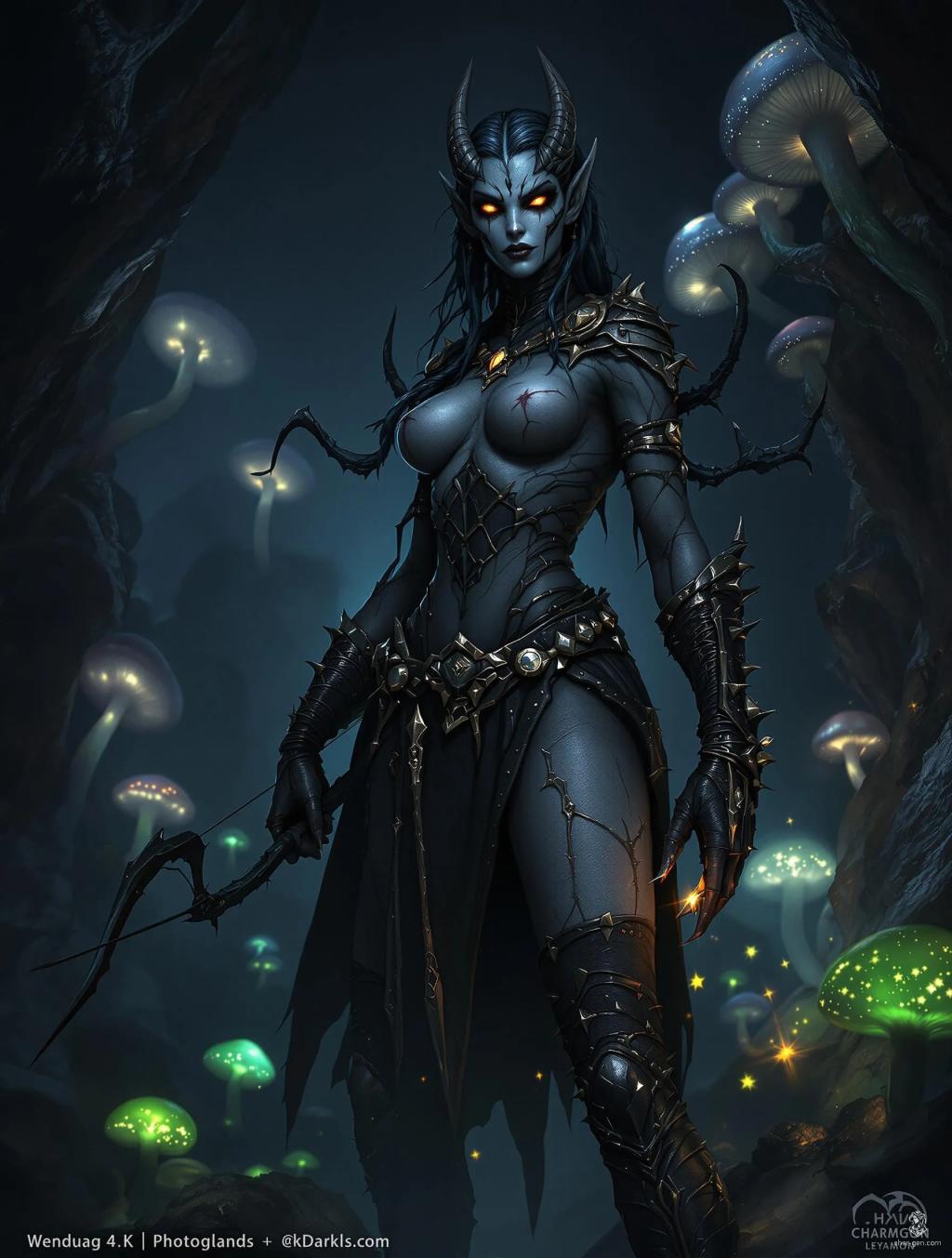 Wenduag is a strikingly unsettling figure, a female fighter with mongrel drow and demonic spider heritage. Her mottled blue-grey skin gleams with chitinous patterns, while sleek black spider legs extend from her back. Armed with a bow or spear, she stalks the underground forests, embodying both predator and prey, navigating a world of glowing mushrooms with ruthless grace.